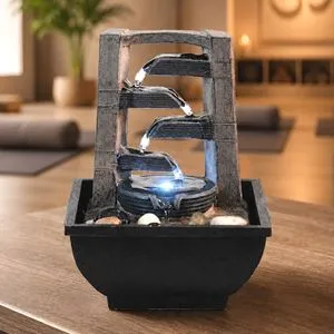 Fontană decorativă LED cu cascada de 4 niveluri și efect de piatră