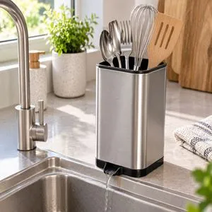 Suport tacamuri inox cu scurgere apa, 10x11x18 cm, design compact