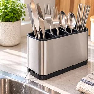 Suport tacamuri inox 4 compartimente cu scurgere apa 18x9x13 cm