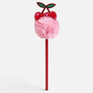 Creion rosu cu pompon roz si cirese cu sclipici, 23 cm