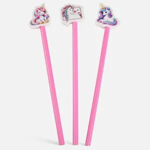 Set 3 Creioane cu Radiere Unicorn pentru Copii, Lemn, Roz