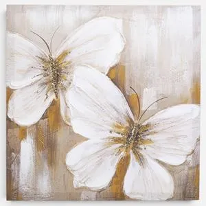 Tablou decorativ pe pânză cu fluturi albi și detalii aurii, 40x40 cm