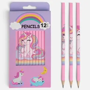 Set 12 Creioane Patrate cu Motive Unicorn, Roz, pentru Copii