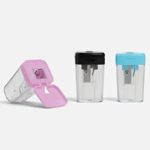 Ascutitoare cu recipient si capac colorat, corp transparent, pentru creioane