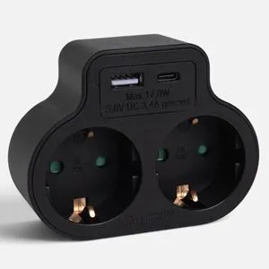 Adaptor Priză Dublă cu USB-A și Type-C, Negru, 2 Prize Schuko