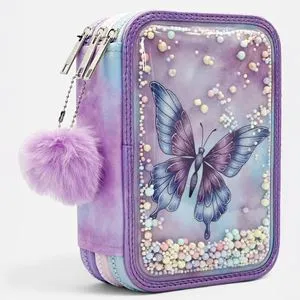 Penar triplu echipat cu fluture si pompon, 14x6x20 cm, roz lila