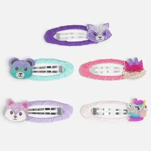 Clame de Par Colorate pentru Copii cu Animalute si Glitter, 5 Bucati, 5cm