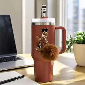 Set 4 Accesorii si Charm-uri pentru Cana Termos, Breloc Ursulet si Pompon