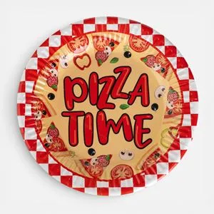 Farfurii din Hartie pentru Petrecere Rosii cu Carouri Pizza Time 18cm 12 Bucati