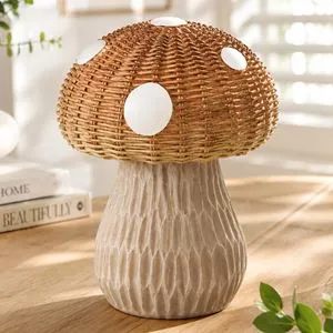 Ciuperca decorativa de toamna din ceramica si ratan, 14x17,5 cm