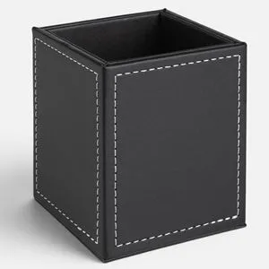 Suport Creioane din Piele Artificiala Neagra cu Cusaturi Decorative, 8x8x10 cm
