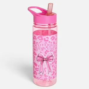 Sticlă de apă roz cu capac flip-top și pai, design inimioare