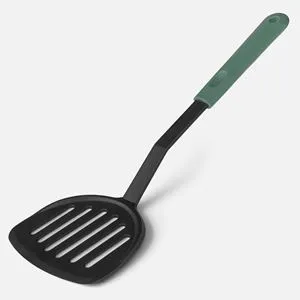 Spatula perforata din plastic, gri cu maner verde, 33.5 cm