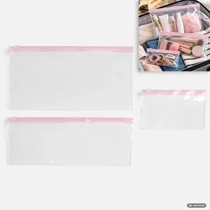 Set 3 Portfarduri Transparente de Călătorie cu Fermoar Roz, Organizator Machiaj