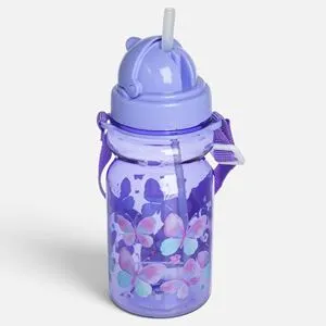 Sticlă de apă cu capac pop-up, 350 ml, mov, cu pai și curea