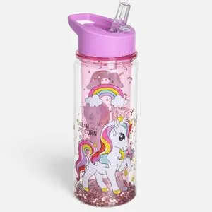 Sticlă de apă pentru copii 360ml cu pai Flip Top și model unicorn roz