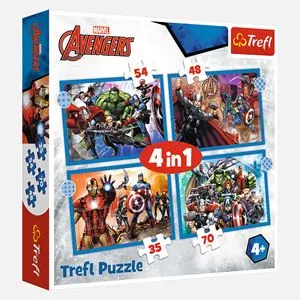 Puzzle 4 in 1 cu tematica Avengers, 4 seturi cu 35, 48, 54 si 70 de piese, Multicolor