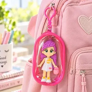 Breloc cu portofel transparent fucsia și figurină fată cu păr mov, 16 cm