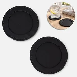 Set 2 Suporturi Rotunde pentru Pahare din PVC Negre cu Aspect de Piele Ø10cm