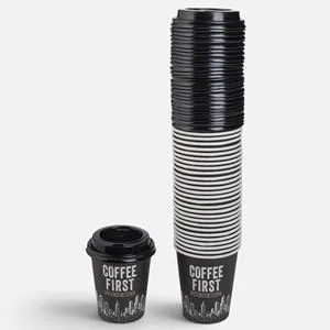 Set 30 Pahare Carton Negre cu Capac 270ml pentru Cafea