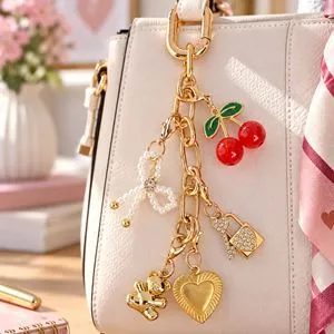 Breloc Charm DIY cu Lant Auriu si 5 Pandantive pentru Geanta 13cm