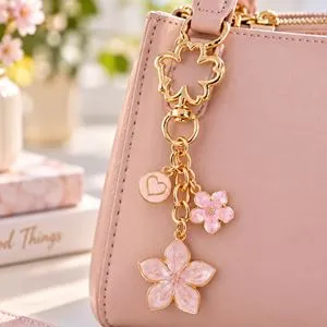 Breloc Charm pentru Geanta cu Flori si Inima Roz, 9.5 cm