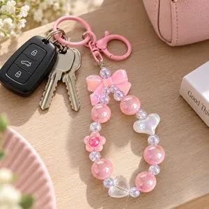 Breloc Charm Bratara Roz cu Margele Transparente, Fundita, Inima si Floare 16cm