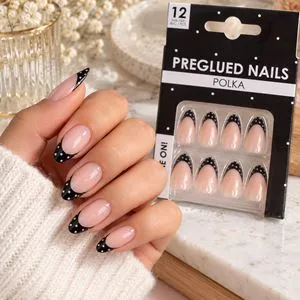 Unghii False cu Adeziv Nude cu French Negru & Buline - 12 Bucăți