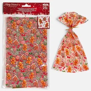 Pungi de Crăciun pentru Dulciuri cu Model Gingerbread și Sistem de Legare, 14x24