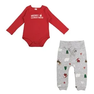 Set Craciun pentru bebeluși cu body roșu și pantaloni gri cu figurine