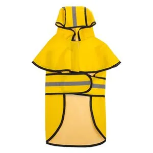 Pelerină de ploaie reflectorizantă pentru câini, galbenă, cu glugă și închidere cu scai