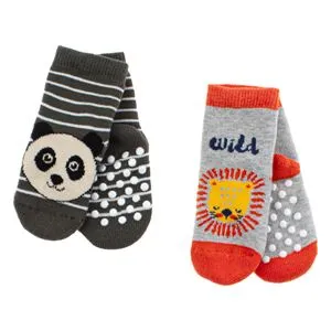 Sosete Bebe Anti-alunecare cu Imprimeu Leu si Panda, 2 Perechi, Gri si Maro