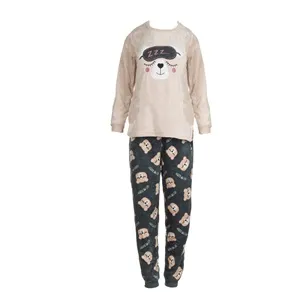 Set Pijama Iarnă Fleece Bej Gri Ursulet pentru Femei