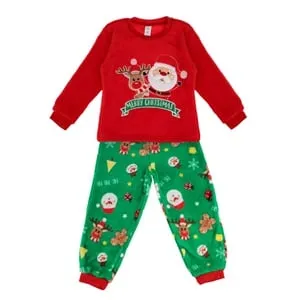 Pijama de Craciun Fleece Rosie Verde cu Figurine pentru Copii