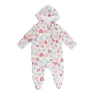 Salopetă fleece cu glugă, model inimioare colorate, albă, pentru bebeluși
