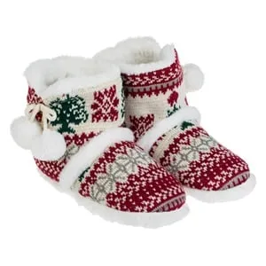 Botosei de Craciun Jacquard Alb Rosu cu Pompoane - Calzuri de Iarnă Elegante