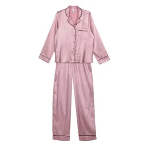 Set Pijama de Iarnă Satin Roz cu Detalii Negre pentru Femei