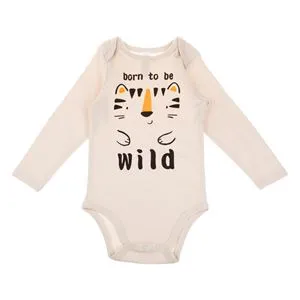 Body din bumbac bej cu imprimeu leu \"Born to be Wild\" pentru bebeluși