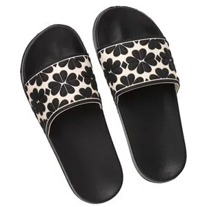 Papuci de plaja cu talpa antiderapanta, Negru cu model floral ecru, Femei