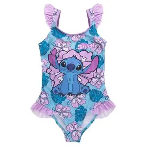 Costum de baie intreg floral Stitch bleu lila cu volanase pentru fete