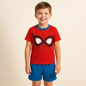 Set Pijama de Vară din Bumbac Roșu și Albastru cu Imprimeu Paianjen pentru Copii