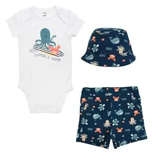 Set de 3 Piese Bumbac Vara pentru Bebeluși cu Caracatiță și Palarie Bleu