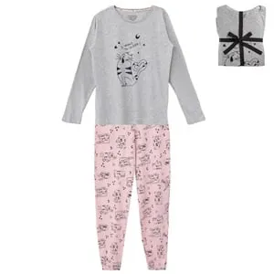 Set Pijama de Iarnă Bumbac Gri Roz cu Imprimeu Pisici pentru Femei