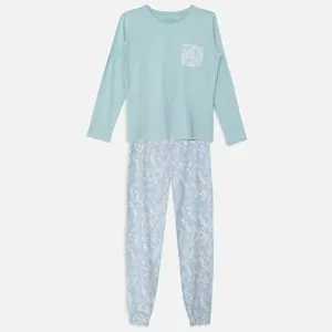 Set Pijama Dama Bumbac Floral Albastru Manșetă Lungă