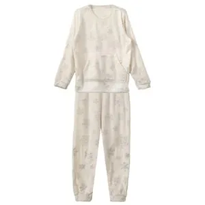 Set Pijamale Dama de Craciun Ecru Pufoase cu Fulgi Argintii