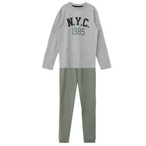 Set Pijama de Iarna din Bumbac pentru Copii, Gri si Kaki, Maneca Lunga