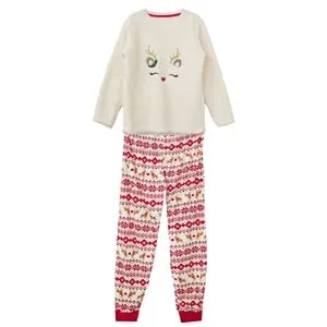 Set Pijama Dama de Craciun Pufoasă Albă cu Ren din Fir Auriu