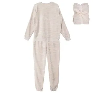 Set Pijama Iarnă Dama Fleece Ecru cu Model Tigru