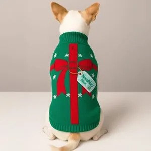 Pulover Tricotat de Crăciun pentru Câini, Verde cu Model Cadou și Panglică Roșie