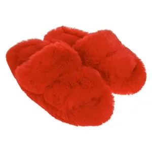 Papuci de casă femei din blană artificială roșie cu talpă memory foam